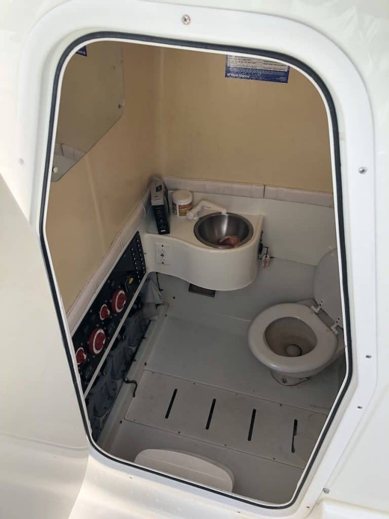The charter boat has a spacious bathroom (or "head").